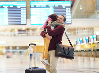 Image showing Family, father and child hug at airport, travel and girl greeting man after flight, happiness and love with luggage at terminal. Happy, care and bond with trip, bag and welcome home with reunion