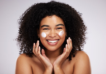 Image showing Beauty, cream and portrait of happy black woman for skincare, wellness and healthy skin in studio. Dermatology, luxury spa and girl with face moisturizer for makeup, cosmetics and facial treatment