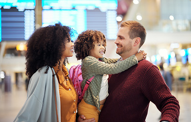 Image showing Family at airport, travel and hug with vacation, mother and father with child, ready for flight and adventure. Terminal, journey and holiday with black woman, man and kid, excited and interracial