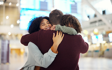 Image showing Travel, family and hug in airport, reunion and happiness for international trip, getaway and cheerful. Love, man and woman with child, kid or goodbye for traveling, embrace or departure with greeting