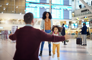 Image showing Child running to father at airport for welcome home travel and reunion after immigration or international opportunity. Interracial family, dad and girl kid run for hug excited to see papa in lobby