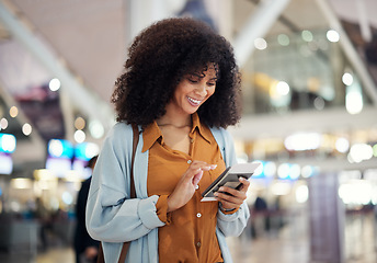 Image showing Black woman at airport, travel and passport with smartphone, excited for holiday and plane ticket with communication. Freedom, chat or scroll social media, flight with transportation and vacation