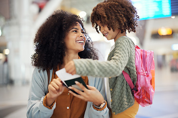 Image showing Travel, passport and woman with her kid in the airport checking their boarding pass together. Trip, technology and mother browsing on a cellphone with girl child while waiting for flight in terminal.