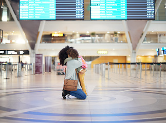 Image showing Mother hug child at airport for travel journey, welcome home reunion or goodbye, immigration and international opportunity. Black family mom and girl or kid hugging and sad for flight voyage in lobby