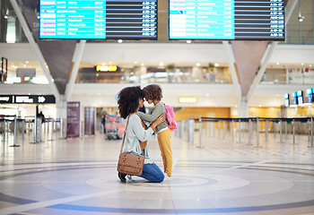 Image showing Black woman, girl kid and welcome in airport with head together, love or greeting with hug. Family, mother and daughter for reunion, embrace and happy for global travel, transportation or immigration