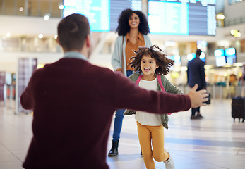 Image showing Happy child running to father at airport for welcome home travel and reunion, immigration or international opportunity. Interracial family, dad and girl kid run for hug excited to see papa in lobby