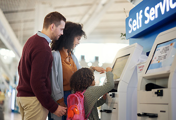 Image showing Travel ticket, self service and family with child for flight online booking, digital payment or schedule registration. Diversity parents or mother and father with girl kid at airpot POS machine