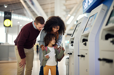 Image showing Airport ticket, child and happy family for vacation booking, payment receipt and self service registration. Interracial parents or mother, father and girl kid for travel document check at POS machine