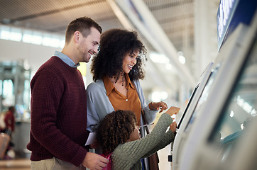 Image showing Self service, smile and travel with mixed family in airport for check in, vacation and global. Technology, digital and happy with parents and child at kiosk for holiday, flight and ticket information