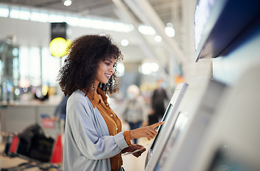 Image showing Black woman, airport and smile by self service station for ticket, registration or boarding pass. Happy African female traveler by kiosk machine for travel application, document or booking flight