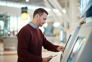 Image showing Man, airport and self service for check in, ticket registration or online boarding pass. Male traveler by terminal machine or kiosk for travel application, document or booking flight for plane trip