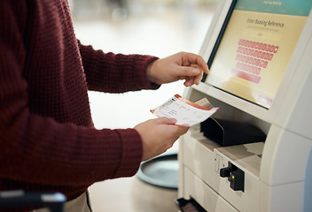 Image showing Hands, ticket and airport by self service for check in, registration or online boarding pass. Hand of traveler by terminal machine or kiosk for travel application, document or booking flight trip