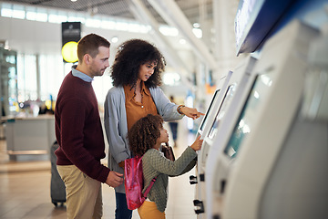 Image showing Family, self service and travel at airport for check in, registration or booking flight online together. Mother, father and child at kiosk for ticket and planning traveling vacation, trip or journey