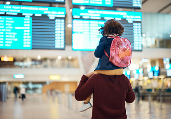 Image showing Airport, love and man with his child on his shoulders reading the schedule or time board. Trip, travel and young father carrying his girl kid while walking to the terminal to board their flight.