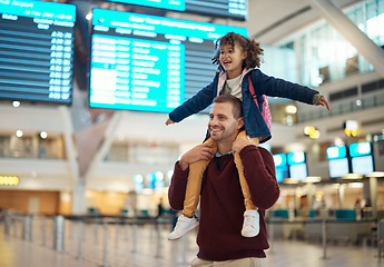 Image showing Happy, shoulders and father and daughter in airport for travel, vacation and global journey, Smile, airplane and relax with man carrying adopted child for holiday, flight and departure schedule