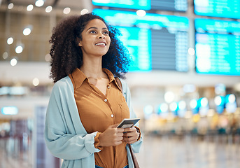 Image showing Black woman at airport, travel and passport for holiday, ready with smile, plane ticket and boarding pass. Freedom, immigration and female, flight with transport and vacation mindset at terminal