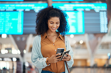 Image showing Black woman at airport, travel and passport with cellphone, excited for holiday and plane ticket with communication. Freedom, chat or scroll social media, flight with transportation and vacation