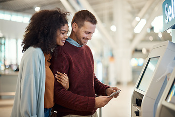 Image showing Airport, payment and couple with ticket for self service, checkout or online booking on machine. Paying, man and woman happy, hug and bonding while at POS for flight schedule, travel and information