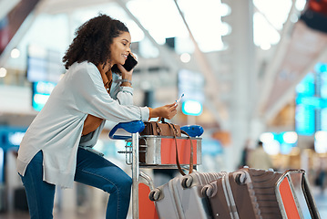 Image showing Phone call, travel and black woman with ticket in airport for vacation, holiday and luggage for journey. Plane transport, communication and girl on smartphone for schedule, talking and flight details