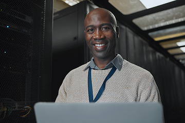 Image showing Laptop, portrait and IT black man in server room for research, engineer working in dark data center lobby. Face, cybersecurity or analytics with male programmer problem solving or troubleshooting