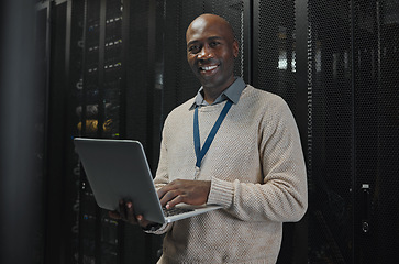 Image showing Server, laptop and portrait of black man or technician for data center, system update or cybersecurity code. Engineer or programmer person in information technology happy with ethernet and wifi power