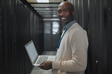 Image showing Server room, laptop and man portrait or technician for data center, system and cybersecurity code. Happy African programmer or programming person in information technology, ethernet or power solution