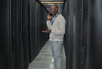 Image showing Server room, phone call and man for system update, technician power or cyber security backup communication. Person, african engineering or programmer in information technology talking on smartphone