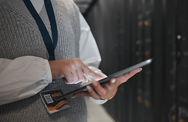 Image showing Woman, hands and tablet in server room for networking, inspection or checking systems at office. Hand of female technician or engineer with touchscreen in service maintenance, data or administration