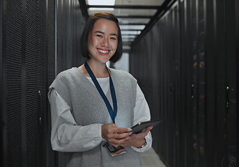 Image showing Asian woman, portrait smile and technician with tablet in server room for networking, maintenance or system inspection. Happy female engineer smiling with touchscreen in data management or monitoring