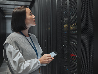 Image showing Tablet, server room and big data with a programmer asian woman at work on a computer mainframe. Software, database and information technology with a female coder working alone on a cyber network