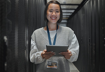 Image showing Asian woman, portrait smile and tablet of technician in server room for networking, maintenance or systems at office. Happy female engineer smiling for power, management or data administration