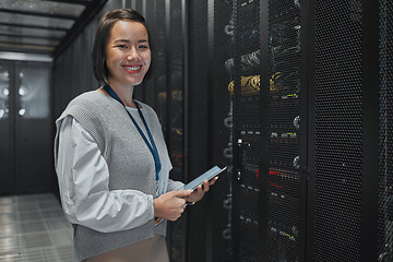 Image showing Asian woman, portrait and tablet of technician by server for networking, maintenance or systems at office. Happy female engineer smile for cable service, power or data administration or management
