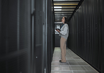 Image showing Tablet, server room and storage with a programmer asian woman at work on a computer mainframe. Software, database and information technology with a female coder working alone on a cyber network