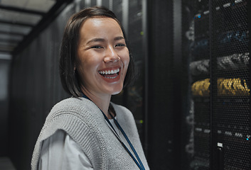 Image showing Woman, portrait and happy in server room with information technology, happy in job and datacenter with engineer. Asian female, funny and face with database, cybersecurity and system software upgrade