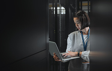 Image showing Woman with laptop, datacenter and information technology, engineer and server room with software update. Tech industry, cybersecurity and network with Asian female setting up firewall and database