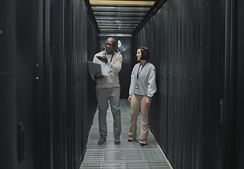 Image showing Server room, teamwork or people on laptop for software management, system upgrade or cyber security. Network technician, engineer or programmer staff on tech for information technology or programming