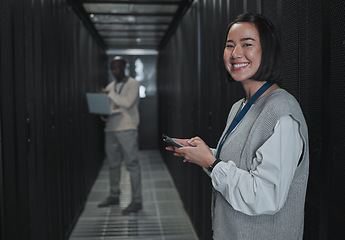 Image showing Technician, woman and portrait with phone in server room for digital management, coding and tech. Female engineering, mobile technology and data center for programming, cyber administration and smile