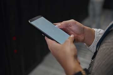 Image showing Phone screen, mockup or IT woman hands in data center on research, communication or typing in server room. Scroll, search or girl on smartphone for networking, social media or reading website content