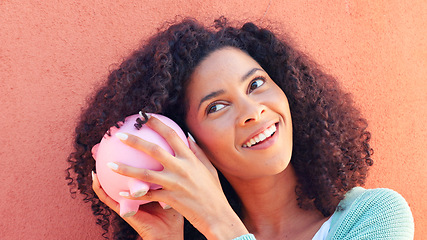 Image showing Piggy bank savings, investment and woman excited for financial growth and investing in future wealth. Young gen z person with wow and smile for finance, investing profit and entrepreneurship banking