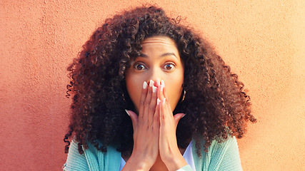 Image showing Black woman, surprise face and smartphone with shocked reaction to online news, meme or social media. Technology, communication and announcement with wow expression isolated on color background