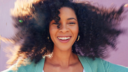 Image showing Afro woman with natural hair and happy with growth on pink wall background in summer sunshine. Freedom, carefree and empowerment girl with retro curly hairstyle for outdoor hair care or beauty mockup