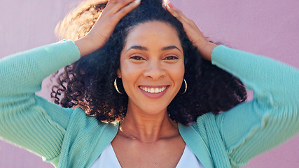 Image showing Afro woman with natural hair and happy with growth on pink wall background in summer sunshine. Freedom, carefree and empowerment girl with retro curly hairstyle for outdoor hair care or beauty mockup