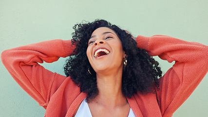 Image showing Hands of happy woman play with hair, beauty and smile from Portugal girl feeling freedom, excited and wellness. Happiness, high energy and gen z person with healthy, natural and good curly hair care