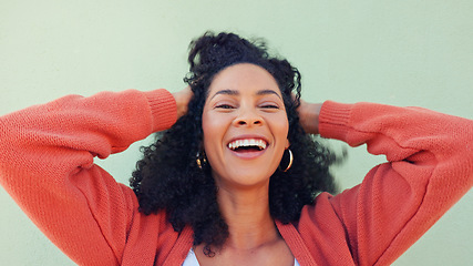 Image showing Hands of happy woman play with hair, beauty and smile from Portugal girl feeling freedom, excited and wellness. Happiness, high energy and gen z person with healthy, natural and good curly hair care