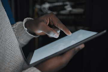 Image showing Tablet screen, mockup or IT black man hands in data center on research, communication or typing in server room. Scroll, search or girl on tech for networking, social media or reading website content