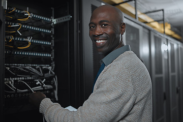 Image showing Portrait, server room and black man on tablet for database maintenance or software update at night. Cybersecurity, face or it male engineer coder on tech for programming or networking in data center