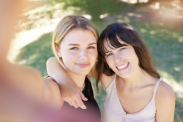 Image showing Selfie, smile or woman friends in park for profile picture, social media or travel adventure in a garden. Happy, girls or couple for photo or video for vlog blog, online or internet content outdoor