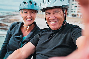 Image showing Cycling, smile and fitness with old couple and selfie for social media, workout and health training. Wellness, internet and photo with senior man and woman on bike for summer, exercise and travel