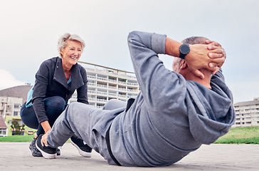 Image showing Exercise, health and sit ups with a senior couple training outdoor together for an active lifestyle of training. Workout, fitness or core with a mature man and woman outside on the promenade