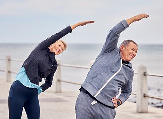 Image showing Stretching, fitness and happy senior couple on promenade for exercise, healthy body and wellness in retirement. Sport, pilates and elderly man and woman ready for warm up, cardio workout and training